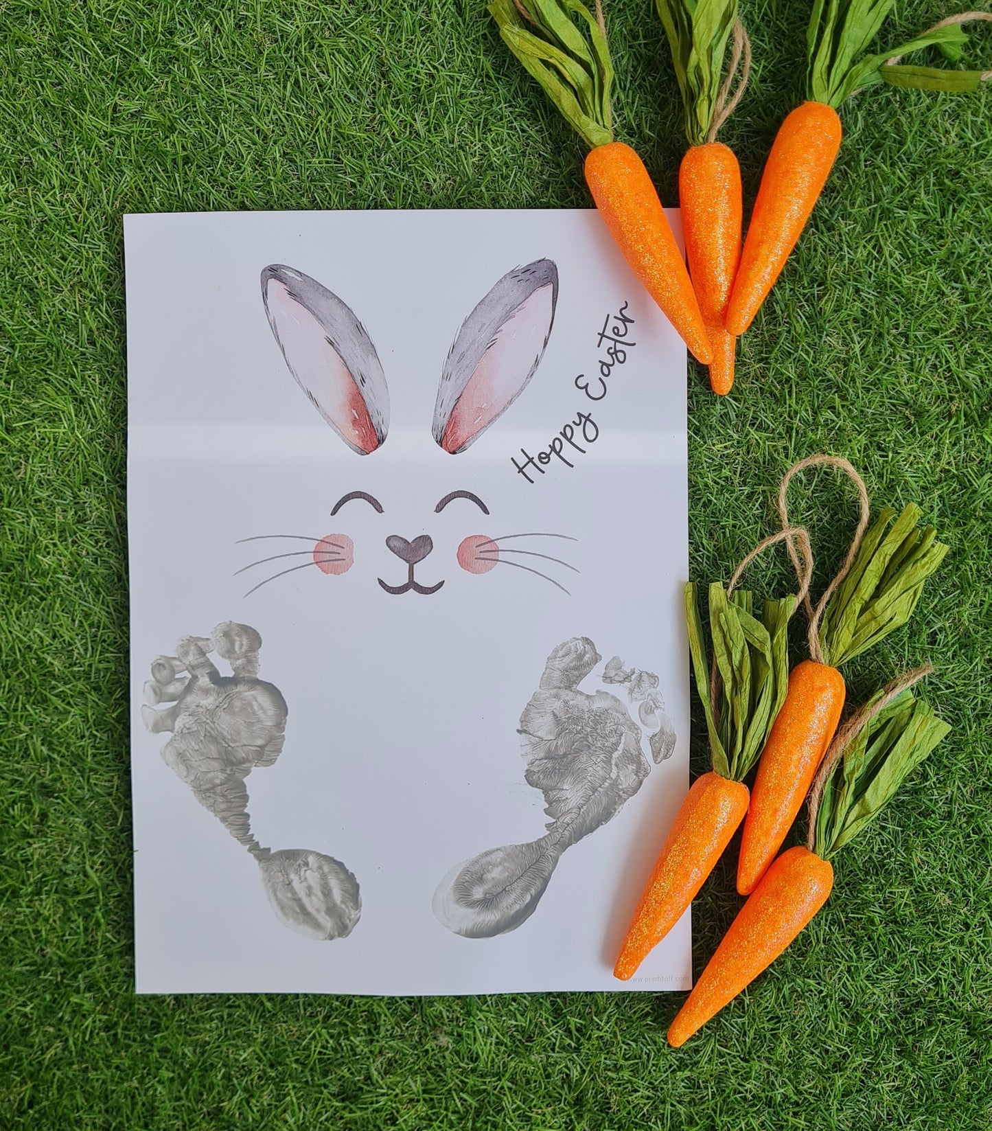 Hoppy Happy Easter Bunny / Footprint Handprint Art / Baby Toddler / Keepsake Memory Craft DIY Card / Print It Off 0830