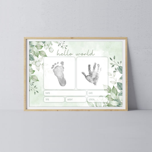 Hello World Handprint Footprint Art / Baby Newborn Announcement Keepsake Girl Boy Nursery Memory Sign / Print It Off
