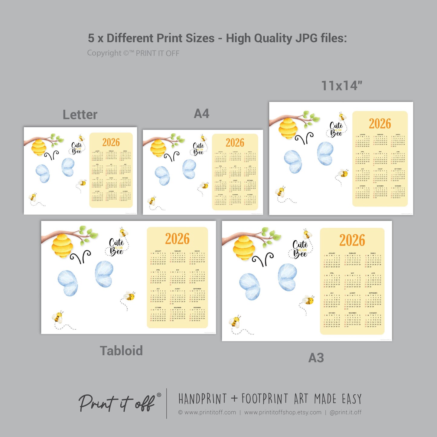 2026 Cute As Can Bee Calendar Year Yearly / Handprint Footprint Art Craft / Activity Gift Keepsake / Baby Child Toddler / Print It Off