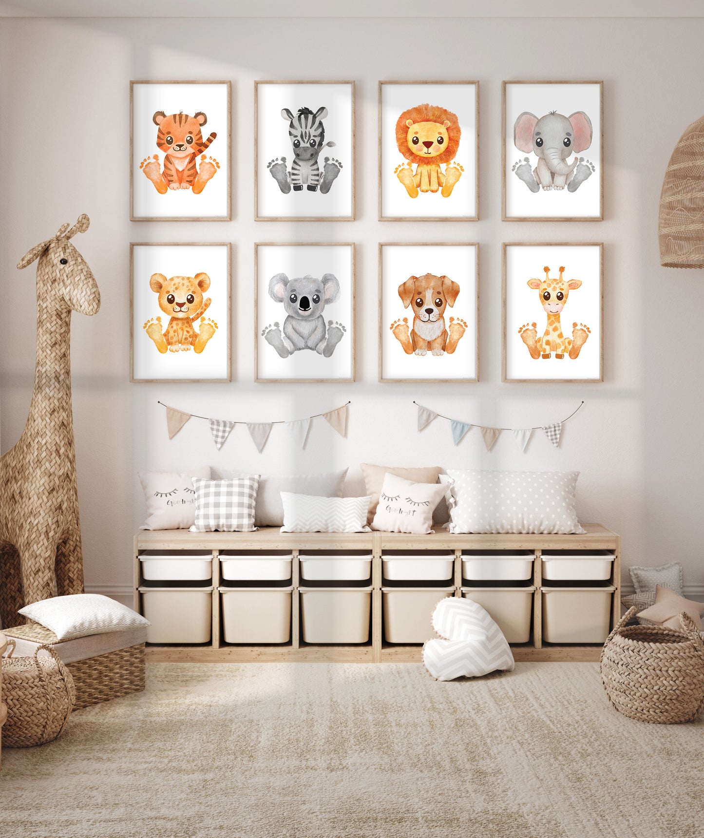 8 x Baby Footprint Art Prints / Animal Animals / DIY Gift Craft Keepsake Memory Nursery Wall Decor / Newborn Toddler Foot / Print it Off 0872