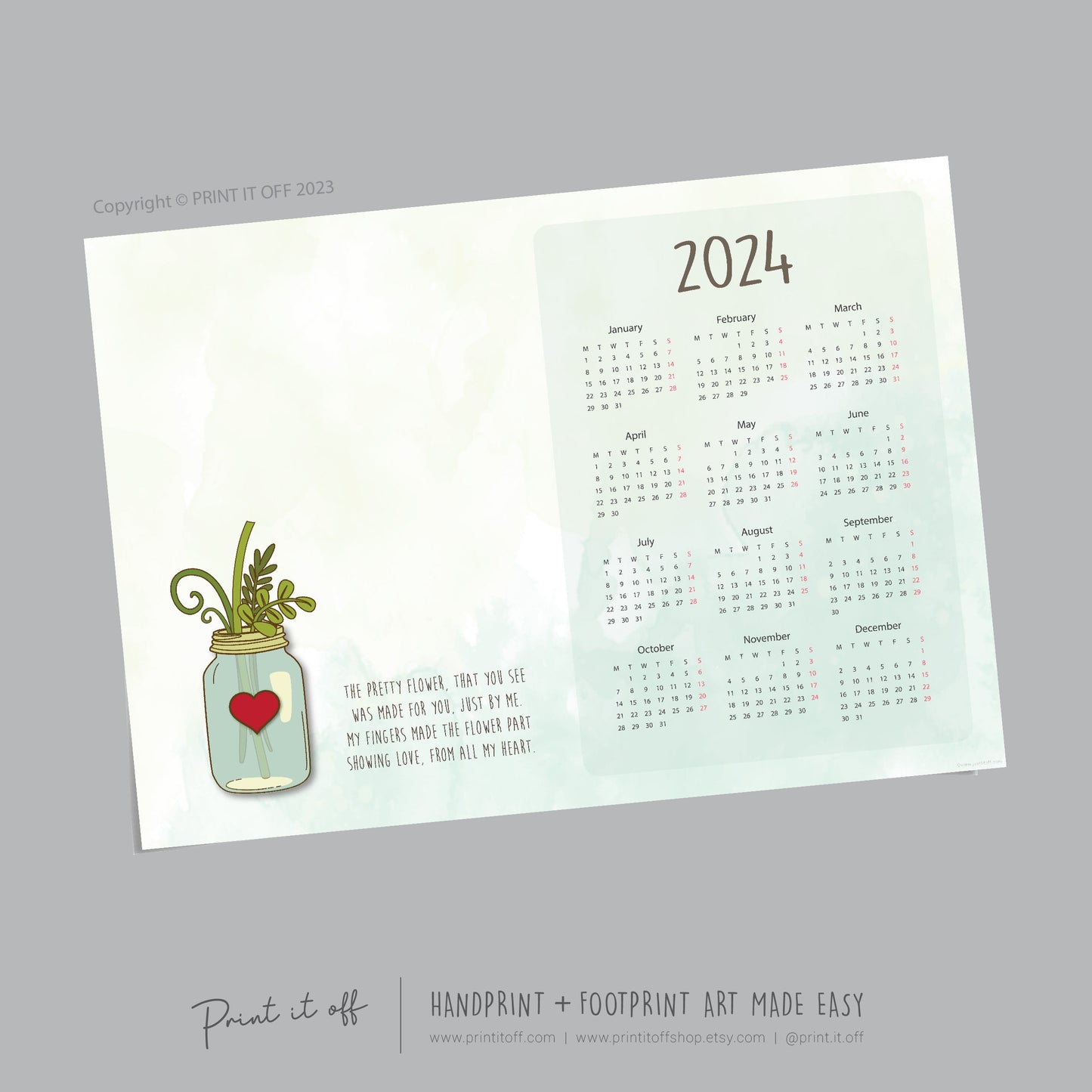 2024 Flower Jar Calendar Year / Handprint Footprint Art Craft / Activity DIY Gift Keepsake / Baby Kids Child Toddler / Print It Off