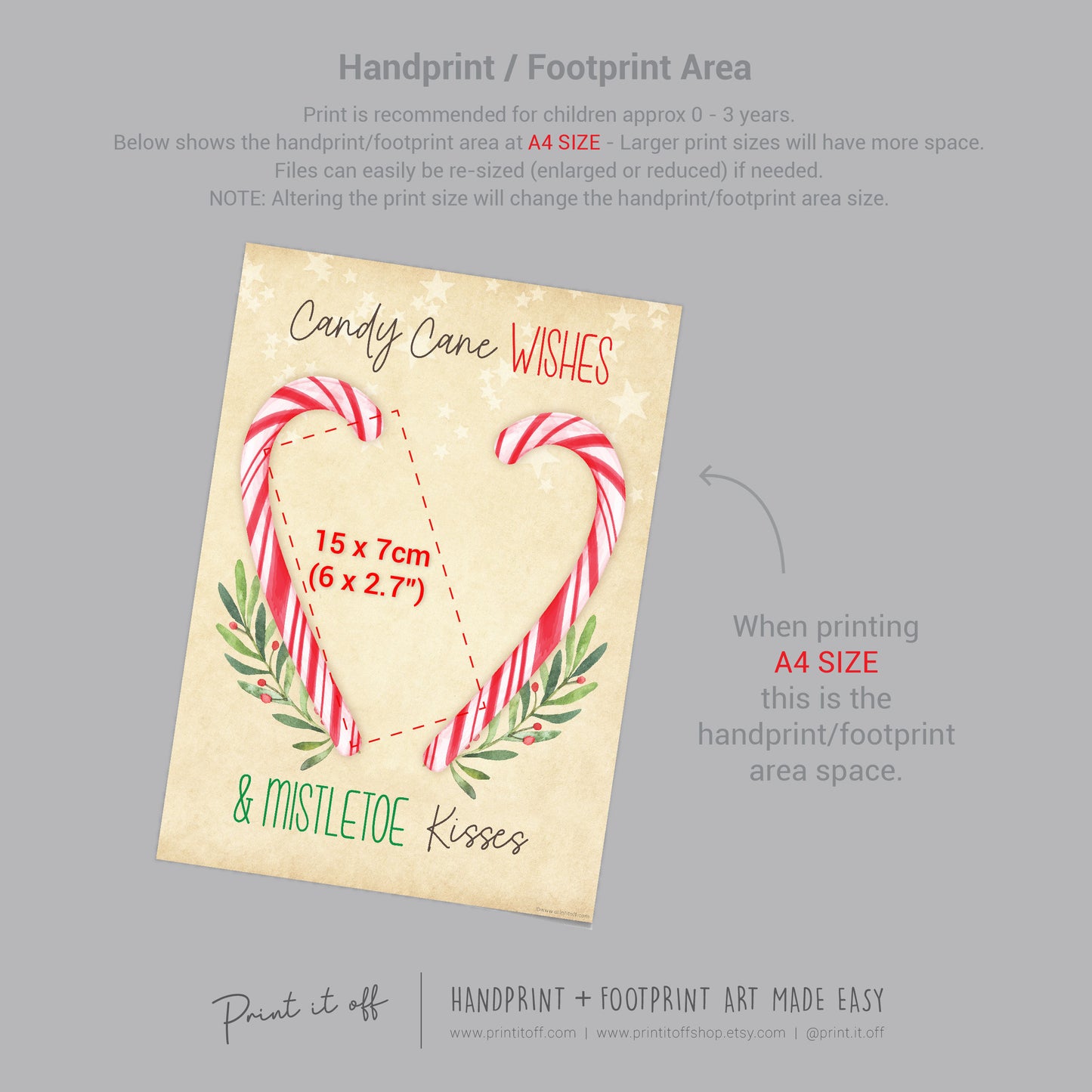 Candy Cane Wishes Mistletoes Kisses Footprint Handprint Art Craft / Christmas Xmas Kids Baby Toddler / Keepsake Gift Card PRINT IT OFF