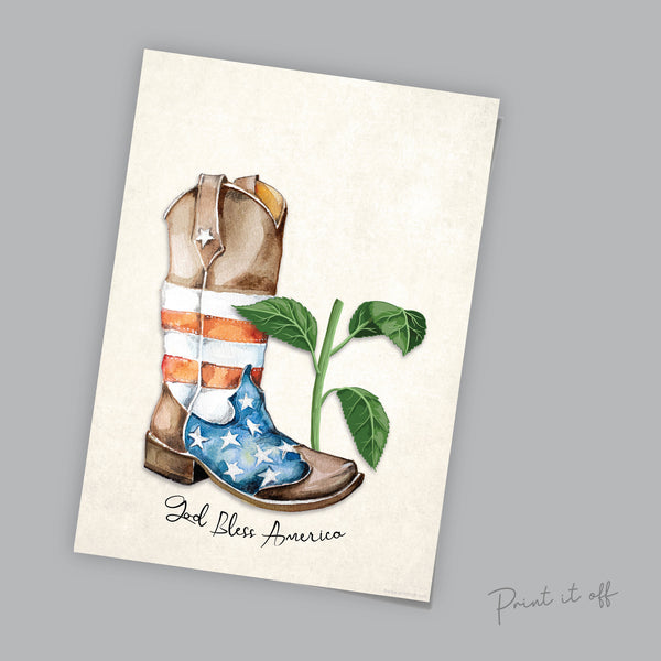America Sunflower Cowboy Boot / 4th July Independence Day USA God Bless / Handprint Craft Art / Kids Baby Toddler / Card Print It Off 0523