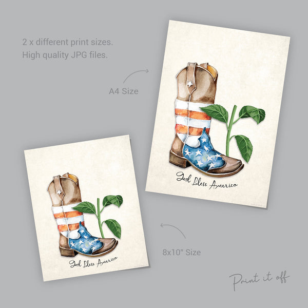 America Sunflower Cowboy Boot / 4th July Independence Day USA God Bless / Handprint Craft Art / Kids Baby Toddler / Card Print It Off 0523