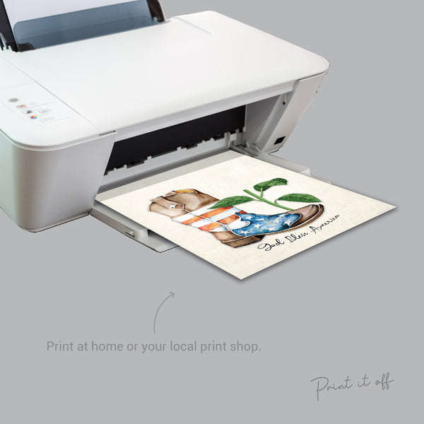 America Sunflower Cowboy Boot / 4th July Independence Day USA God Bless / Handprint Craft Art / Kids Baby Toddler / Card Print It Off 0523