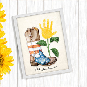 America Sunflower Cowboy Boot / 4th July Independence Day USA God Bless / Handprint Craft Art / Kids Baby Toddler / Card Print It Off 0523
