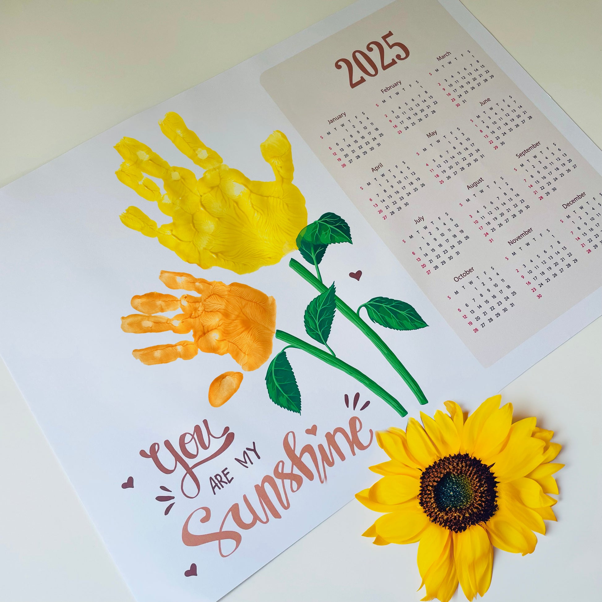 2025 Sunflower Calendar Year / Handprint Footprint Art Craft / Activity DIY Gift Keepsake / Baby Kids Child Toddler / Print It Off 0907