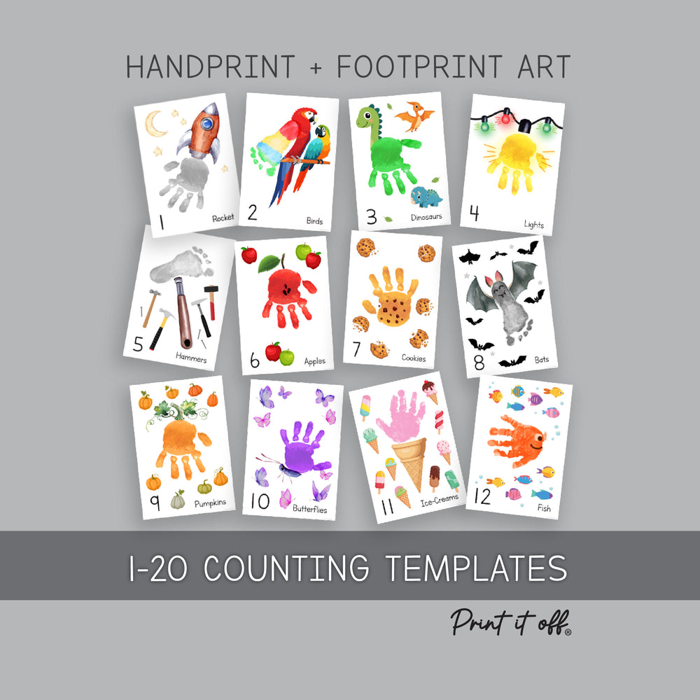 Counting Numbers 1 - 20 Learning - Handprint Footprint Art Craft Printable Keepsake Gift Template - PRINT IT OFF 0969