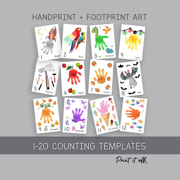 Counting Numbers 1 - 20 Learning - Handprint Footprint Art Craft Printable Keepsake Gift Template - PRINT IT OFF 0969