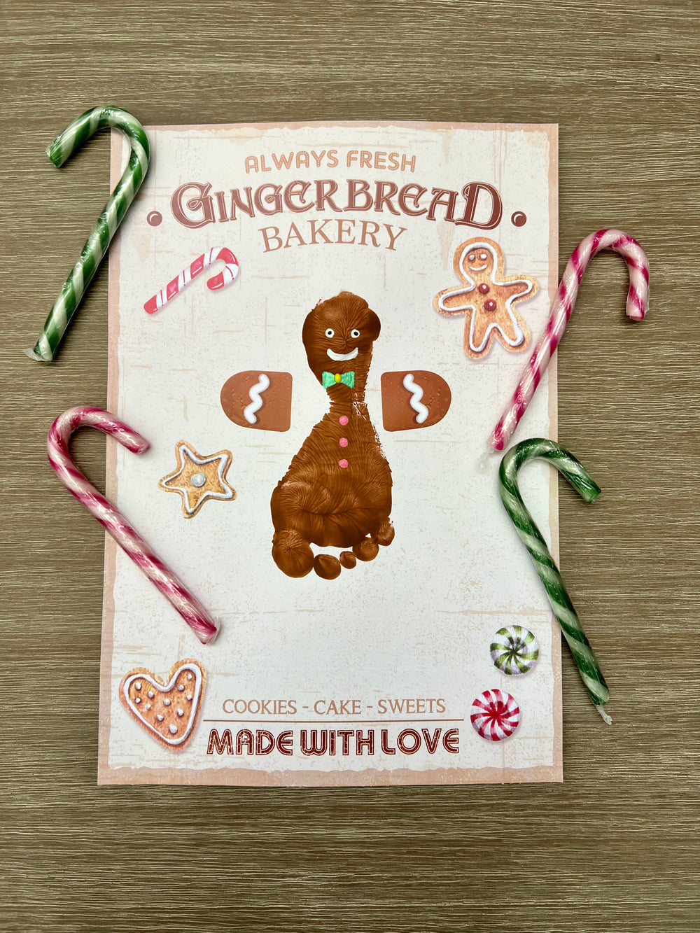 Gingerbread Man Bakery Sign Footprint Handprint Art Craft / First Christmas Xmas Baby Kids DIY Card Gift / Print It Off