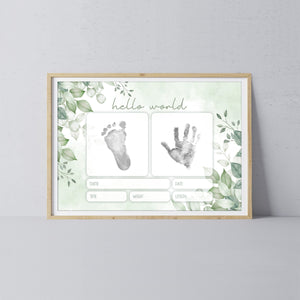 Hello World Handprint Footprint Art / Baby Newborn Announcement Keepsake Girl Boy Nursery Memory Sign / Print It Off
