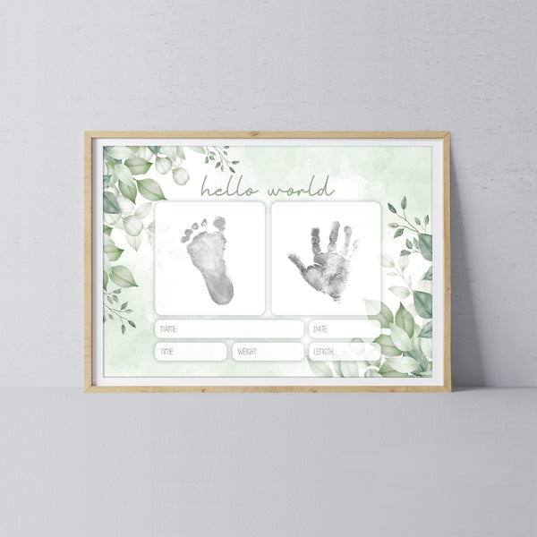 Hello World Handprint Footprint Art / Baby Newborn Announcement Keepsake Girl Boy Nursery Memory Sign / Print It Off