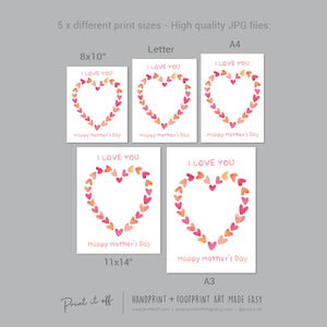 I love You Happy Mother&#39;s Day Heart / Footprint Handprint Feet Foot Art Craft / Kids Baby Toddler / Keepsake DIY Card / Print It Off