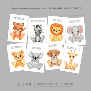Baby Footprint Art Prints Affirmations / Animal Animals / DIY Gift Craft Keepsake Memory Nursery Wall Decor Baby Feet / Print it Off
