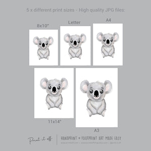 Baby Footprint Art Print / Koala Animal / DIY Gift Craft Keepsake Memory Nursery Wall Decor / Newborn Toddler Foot / Print it Off