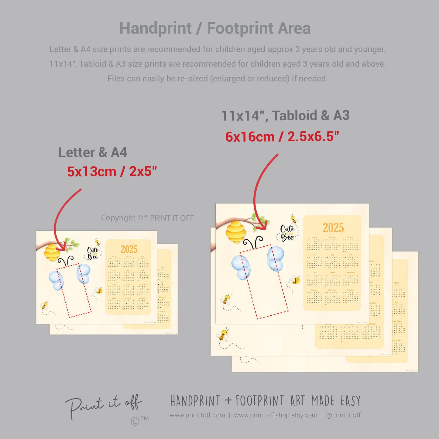 2025 Cute Bee Calendar Year Yearly / Handprint Footprint Art Craft / Activity Gift Keepsake / Baby Child Toddler / Print It Off