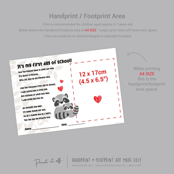 1st First Day School Kissing Hand Raccoon / Kindergarten Pre-K Daycare Pre-School / Handprint Art Craft Template Teacher / Print it Off