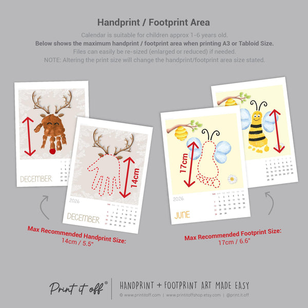2026 Handprint Footprint Calendar Art Craft / DIY Gift Child Baby Kids Toddler Activity Memory Keepsake / Print It Off