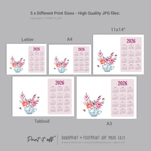 2026 Flower Teacup Year Calendar / Handprint Footprint Art Craft / Activity DIY Gift Keepsake / Baby Kids Child Toddler / Print It Off