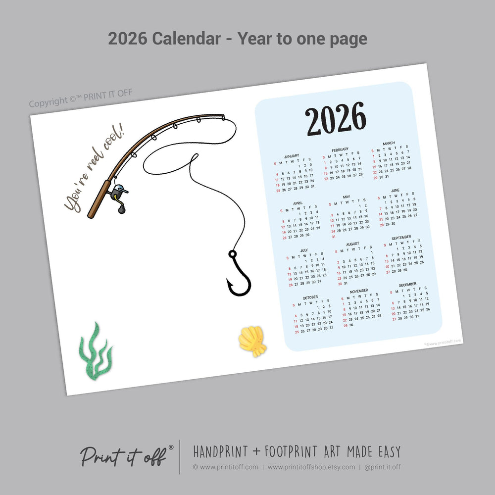 2026 Fish Year Yearly Calendar / Handprint Footprint Art Craft / Activity DIY Gift Keepsake / Baby Kids Child Toddler / Print It Off
