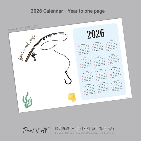 2026 Fish Year Yearly Calendar / Handprint Footprint Art Craft / Activity DIY Gift Keepsake / Baby Kids Child Toddler / Print It Off