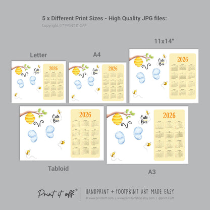 2026 Cute As Can Bee Calendar Year Yearly / Handprint Footprint Art Craft / Activity Gift Keepsake / Baby Child Toddler / Print It Off