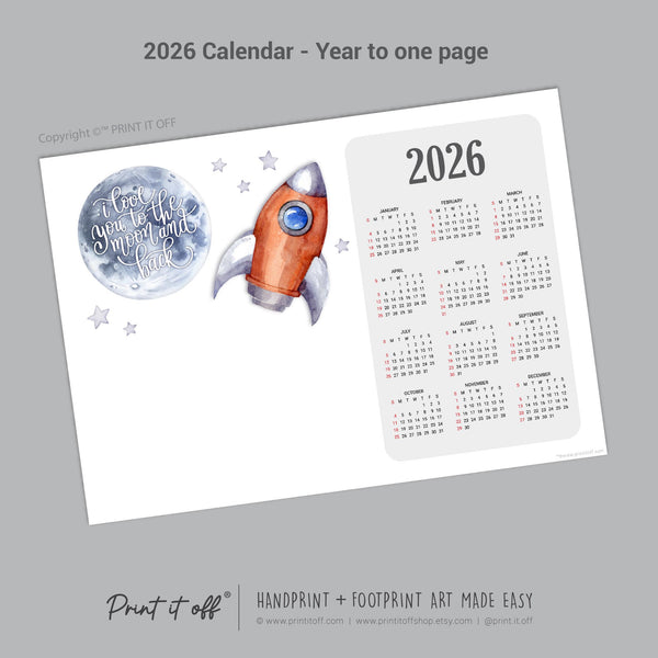 2026 Love you Moon and Back Calendar Year / Handprint Footprint Art Craft / Activity Gift Keepsake / Baby Child Toddler / Print It Off