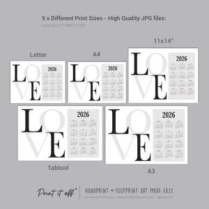 2026 Love Year Yearly Calendar / Handprint Footprint Art Craft / Activity DIY Gift Keepsake / Baby Kids Child Toddler / Print It Off