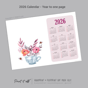2026 Flower Teacup Year Calendar / Handprint Footprint Art Craft / Activity DIY Gift Keepsake / Baby Kids Child Toddler / Print It Off