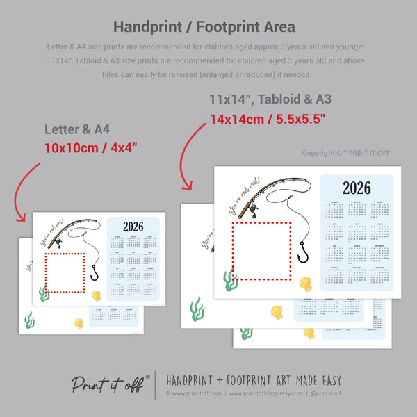 2026 Fish Year Yearly Calendar / Handprint Footprint Art Craft / Activity DIY Gift Keepsake / Baby Kids Child Toddler / Print It Off