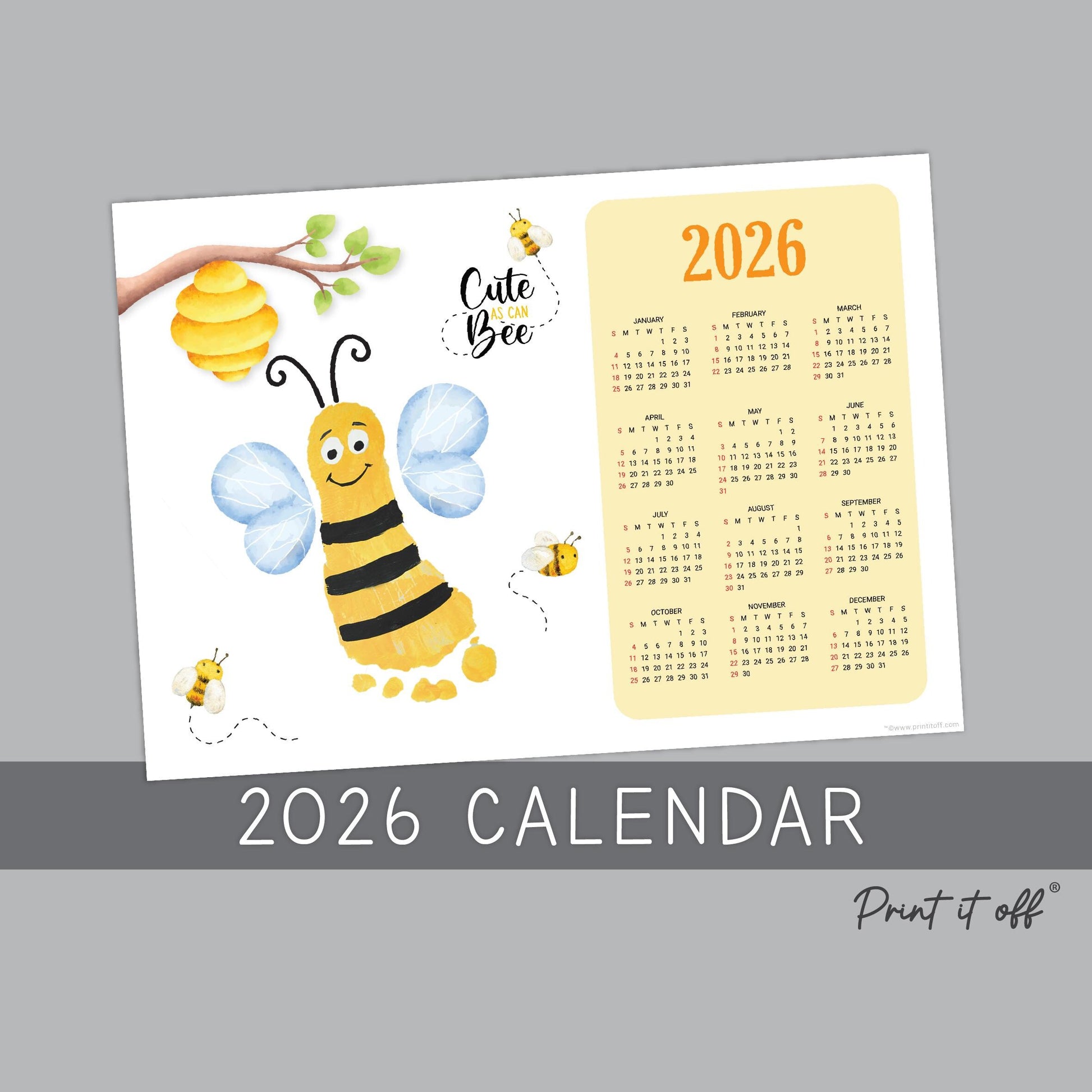 2026 Cute As Can Bee Calendar Year Yearly / Handprint Footprint Art Craft / Activity Gift Keepsake / Baby Child Toddler / Print It Off