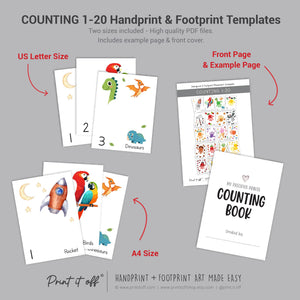 Counting Numbers 1 - 20 Handprint Footprint Art Craft Pack Book / Learning Baby Kids Toddler Memory Keepsake Template / Print It Off