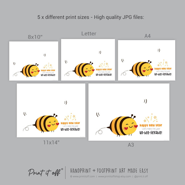 Bee Happy New Year - Handprint Art Craft Printable Keepsake Gift Template Hand Baby - PRINT IT OFF
