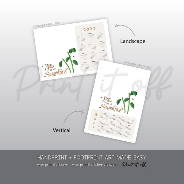 Baby and toddler handprint keepsake featuring a sunflower design and printable 2027 yearly calendar.