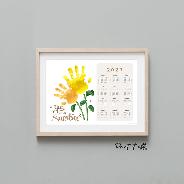 Printable 2027 kids handprint calendar craft for creating a handmade keepsake or gift for parents and grandparents.