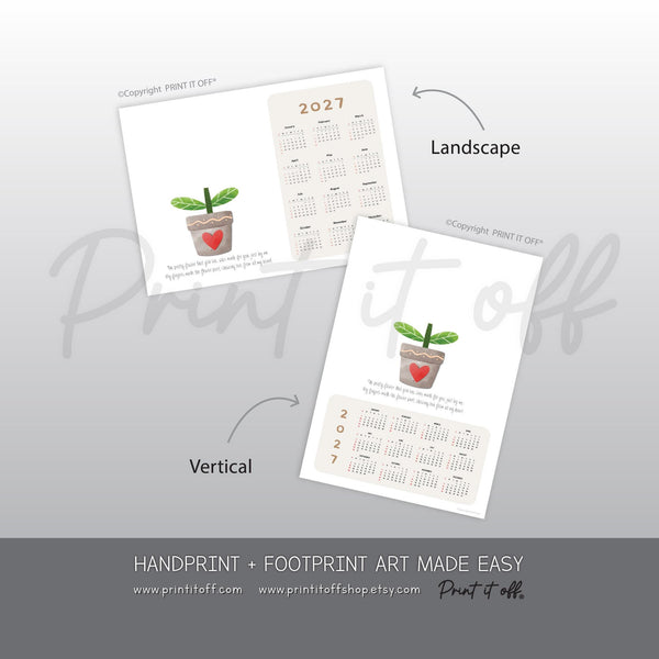 Baby and toddler handprint keepsake calendar with flower pot design for creating a meaningful memory of little hands.