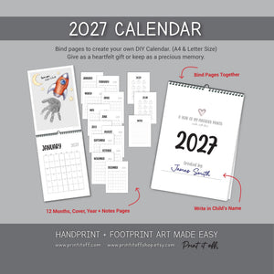 2027 Handprint Calendar, Handprint & Footprint Crafts, Printable Kids Calendar, Baby Toddler Keepsake, DIY Grandparent Gift
