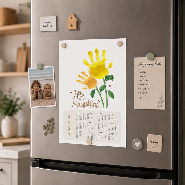 Sunflower handprint art calendar made using a child's painted handprint with printable 2027 calendar design - print it off