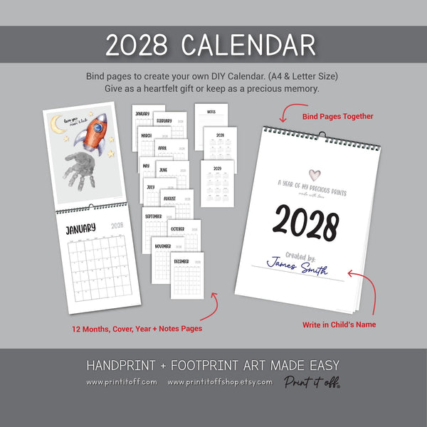 2028 Handprint & Footprint Calendar, Printable Kids Craft Templates, Diy Keepsake, Homemade Gift PRINT IT OFF