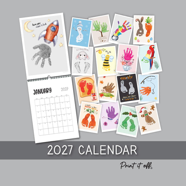 2027 printable handprint and footprint calendar bundle with 36 kids craft templates for creating a personalised keepsake calendar.