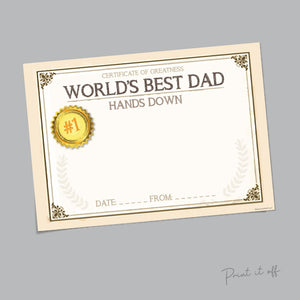 Dad Certificate / Handprint Art / World's Best Dad Hands Down / Handprint Craft DIY Card / Father's Day Birthday Gift / Printable Print 0003
