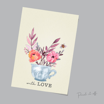 Teacup Flowers With Love / Handprint Art / Happy Valentine's Day / Birthday Gift Card / Hand DIY Craft Art Baby Kids / Print It Off 0379