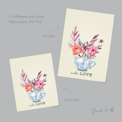 Teacup Flowers With Love / Handprint Art / Happy Valentine's Day / Birthday Gift Card / Hand DIY Craft Art Baby Kids / Print It Off 0379