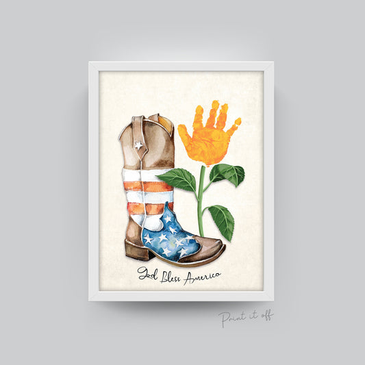 America Sunflower Cowboy Boot / 4th July Independence Day USA God Bless / Handprint Craft Art / Kids Baby Toddler / Card Print It Off 0523