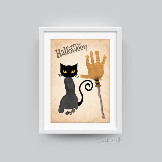 Halloween Footprint Handprint Art Craft / Black Cat Witch Broom / Kids Toddler Baby Card Memory DIY Activity Keepsake / Print It Off 0589