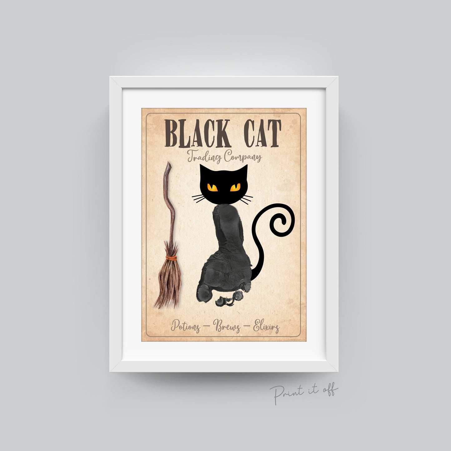 Black Cat Halloween Footprint Art Craft / Witch Broom Sign / Kids Toddler Baby Card Memory Activity Decoration Keepsake / Print It Off  0587