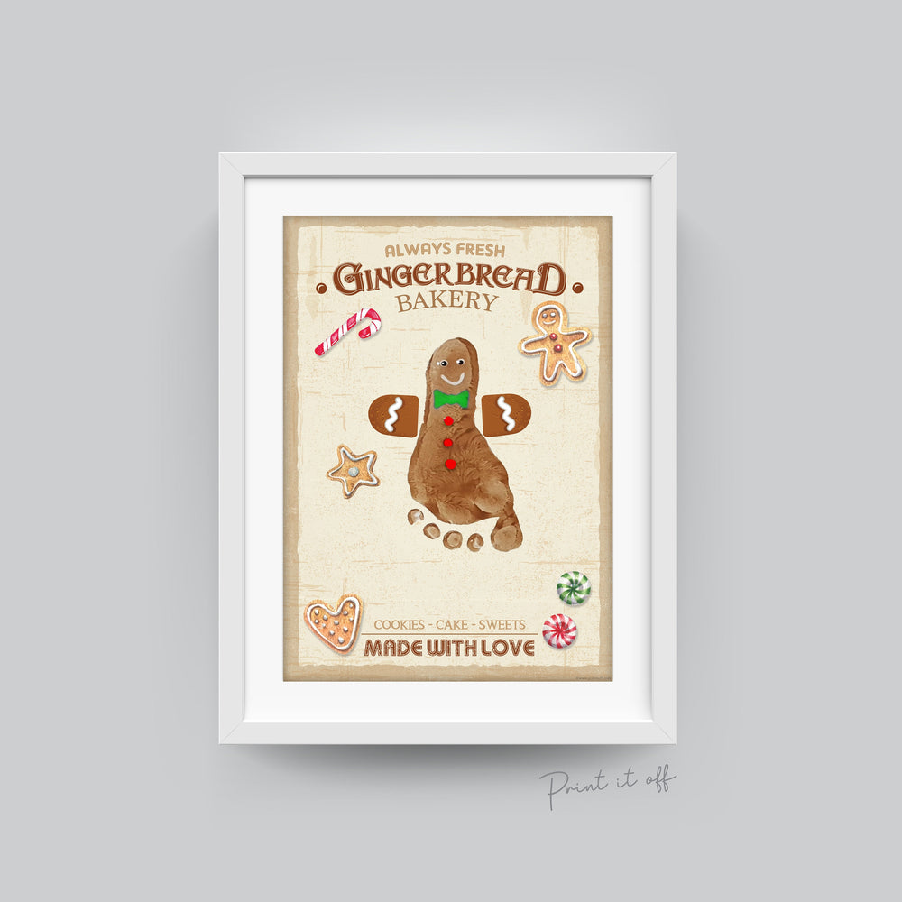 Gingerbread Man Bakery Sign Footprint Handprint Art Craft / First Christmas Xmas Baby Kids DIY Card Gift / Print It Off