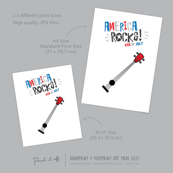America Rocks Guitar Handprint Craft Art / 4th of July Independence Day USA / Kids Baby Toddler / Keepsake Card / Print It Off