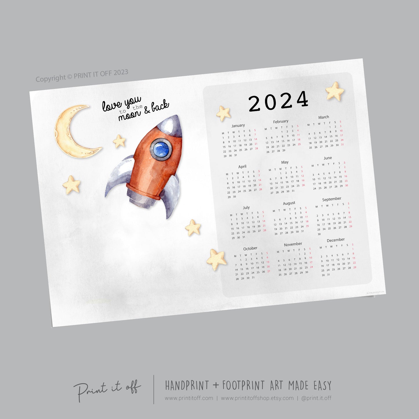 2024 Love You Moon & Back Rocket Calendar Year / Handprint Hand Art Craft / Activity DIY Gift Baby Child Toddler / Print It Off 0775