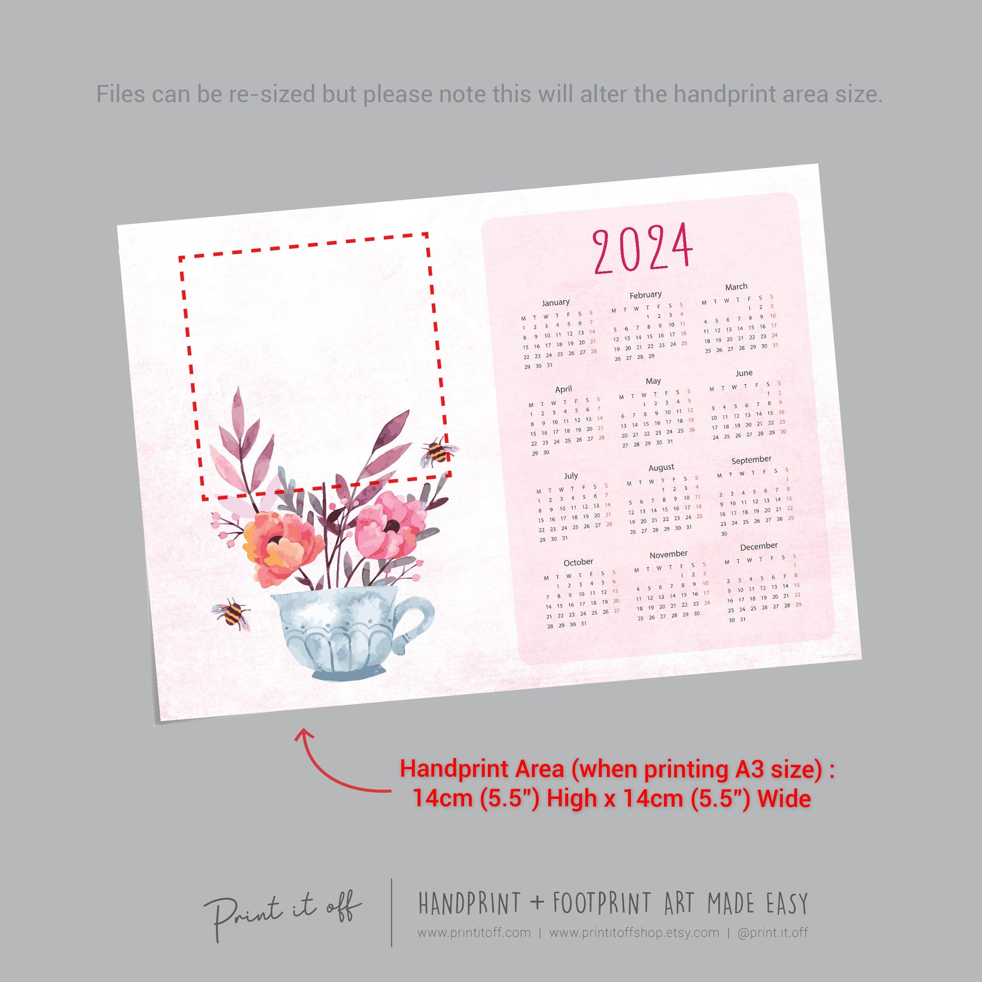2024 Flower Teacup Calendar Year / Handprint Footprint Art Craft / Activity DIY Gift Keepsake / Baby Kids Child Toddler / Print It Off